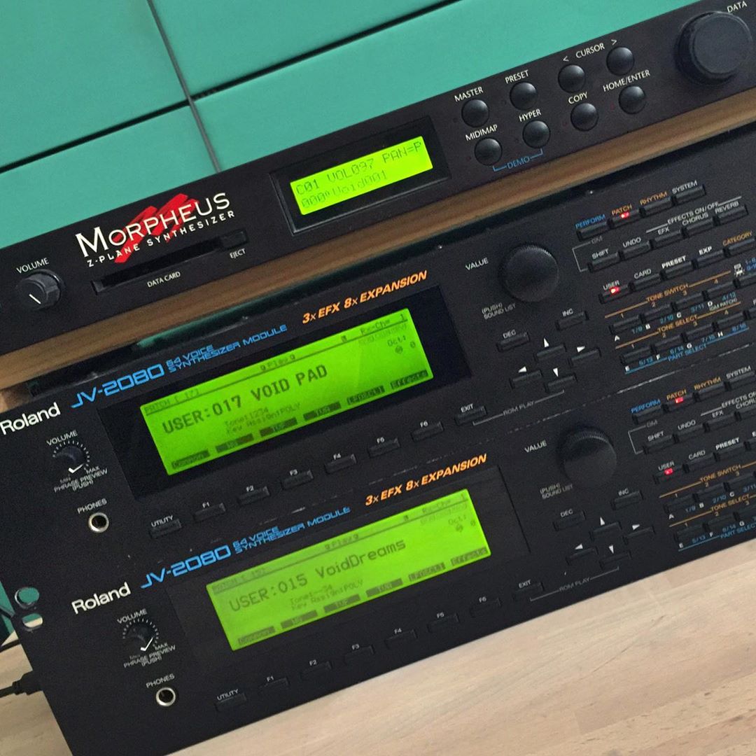 Image of two Roland JV-2080 Synthesizers and an E-MU Morpheus