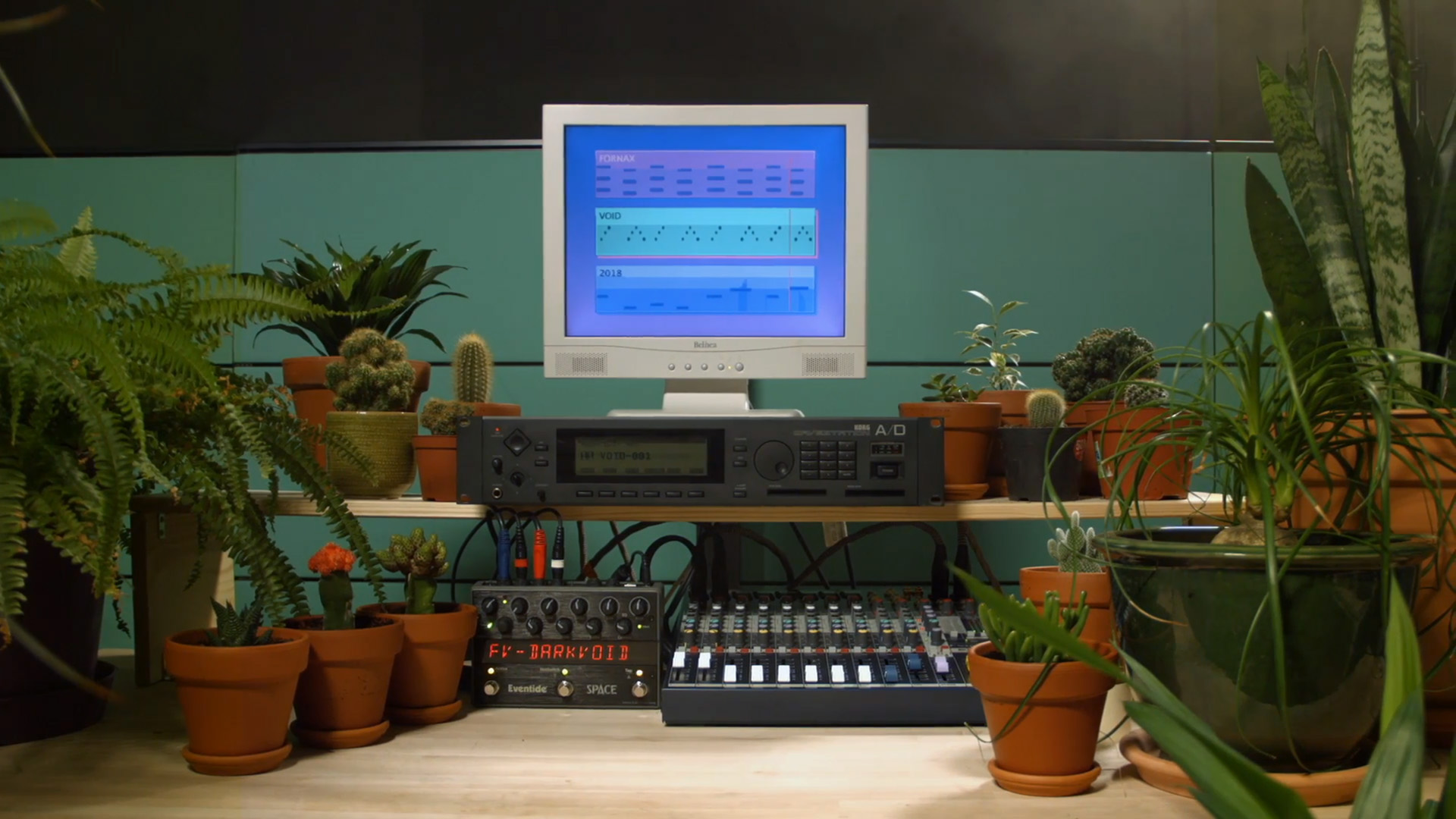 Image of a Korg WaveStation A/D synthesizer, an Eventide Space Reverb device and a Soundcraft EFX8 mixer
